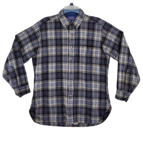Vtg Pendleton Board Shirt Virgin Wool Mens L Shacket Blue Beige Plaid Button USA - Picture 1 of 12